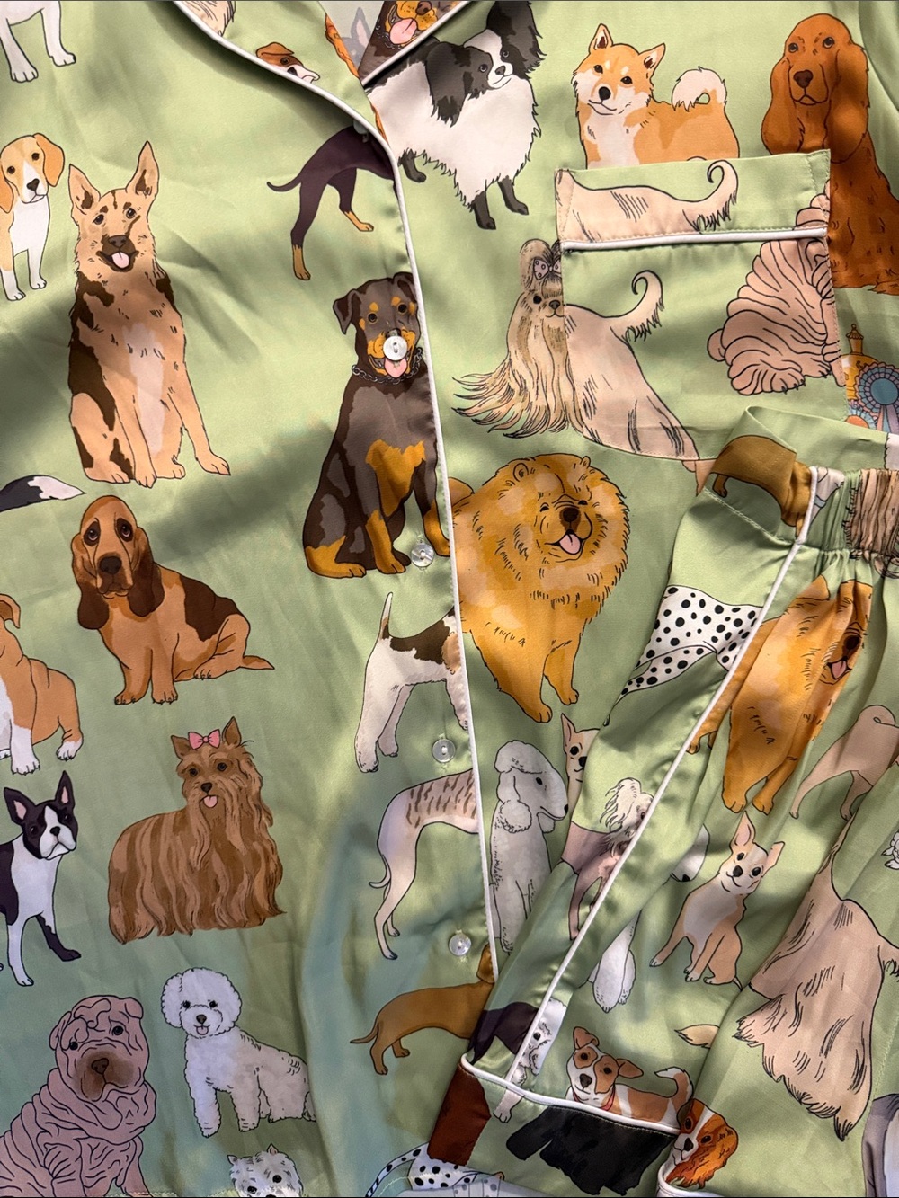 Karen Mabon Dog Print Satin Pajama Set in Light Green - Picture 4 of 7